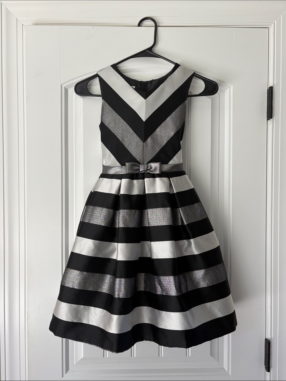 Girls Black and Silver Stripe Party Dress with Bow